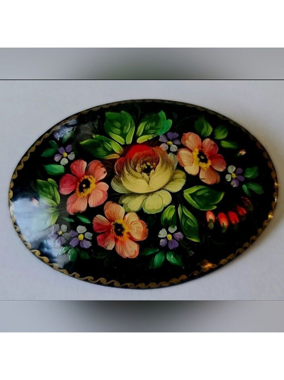 Vintage Hand-Painted Floral Russian Brooch Black Lacquer Booch 2 1/4"